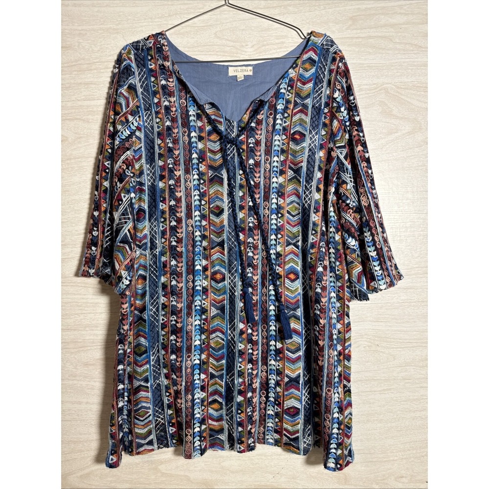 Velzera All Over Embroidery Bell Sleeve Lined Mini Dress Tunic Large